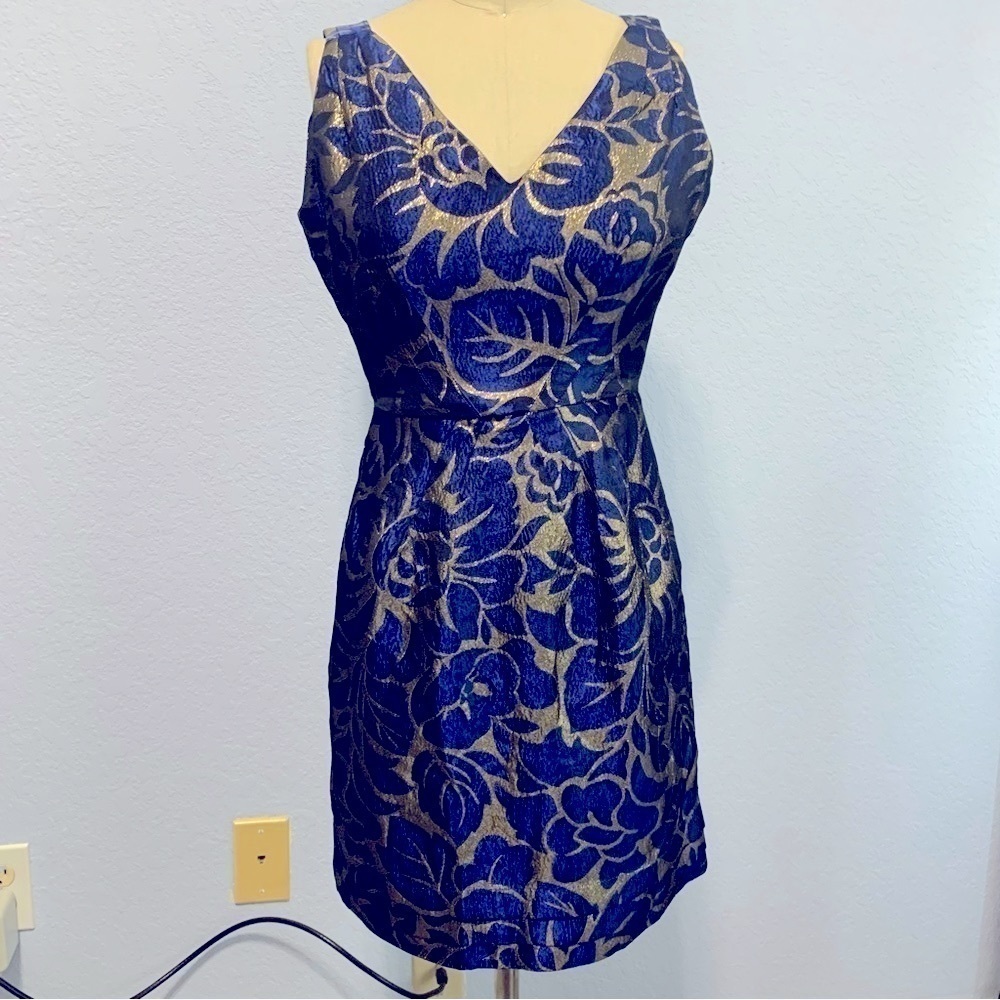 Walter Blue Gold Jacquard V-neck Famous Party Mini Dress As Seen On Taylor Swift